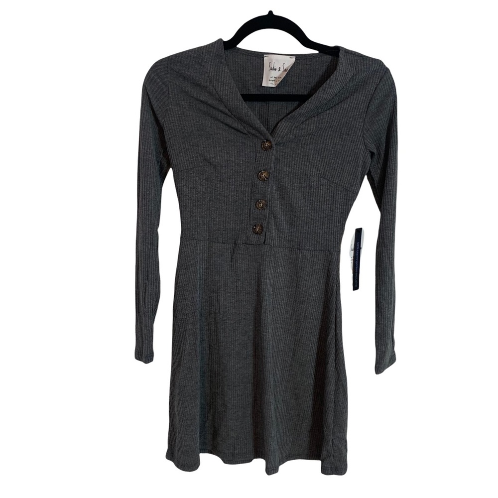 NWT SADIE & SAGE - SIZE S‎ Charcoal Gray Ribbed Long Sleeve Tunic Dress Henley.